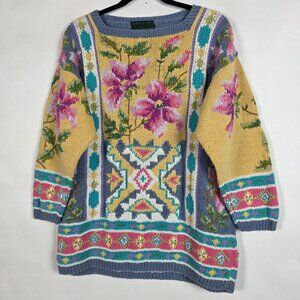 Vintage Cullinane Hand Knit Southwestern Cottagecore Floral Womens Large Sweater